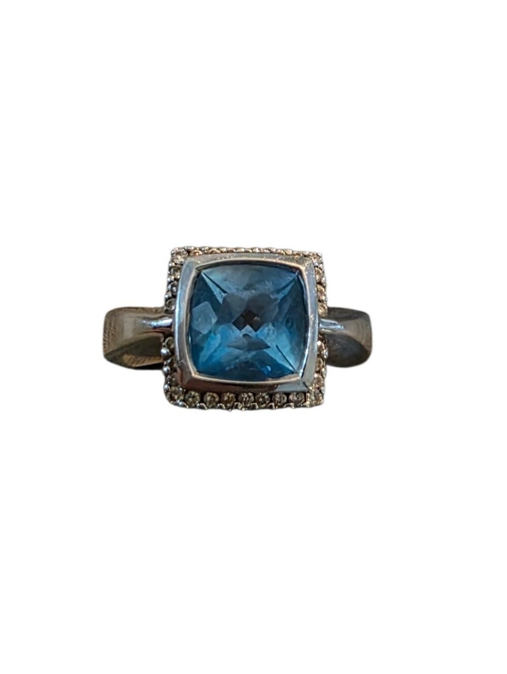 Blue Square-Cut Gemstone Halo Ring